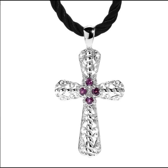 NEW~Carolyn Pollack Genuine Rhodolite Garnet Gemstone Cross Necklace~.925 SS - Picture 2 of 7